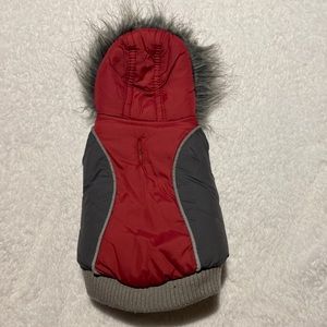 HOST PICK FFD Designs Red and Grey winter dog coat with Fur trim xsmall